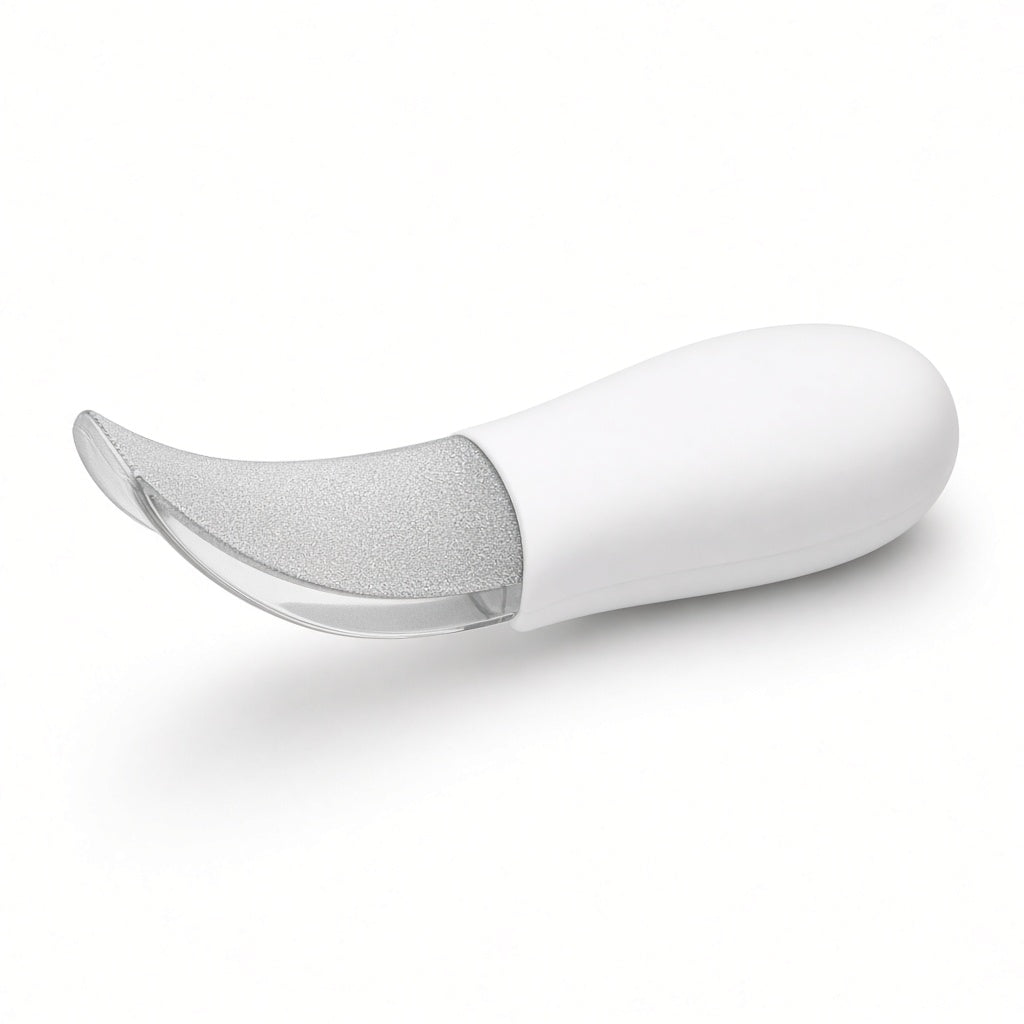 Manual glass foot file with a white handle