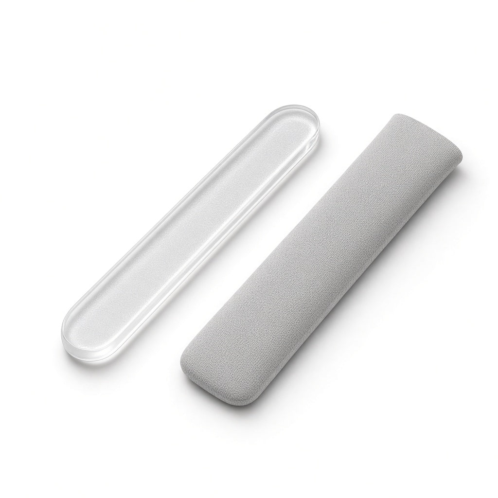 Clear glass nail file with a gray protective sleeve
