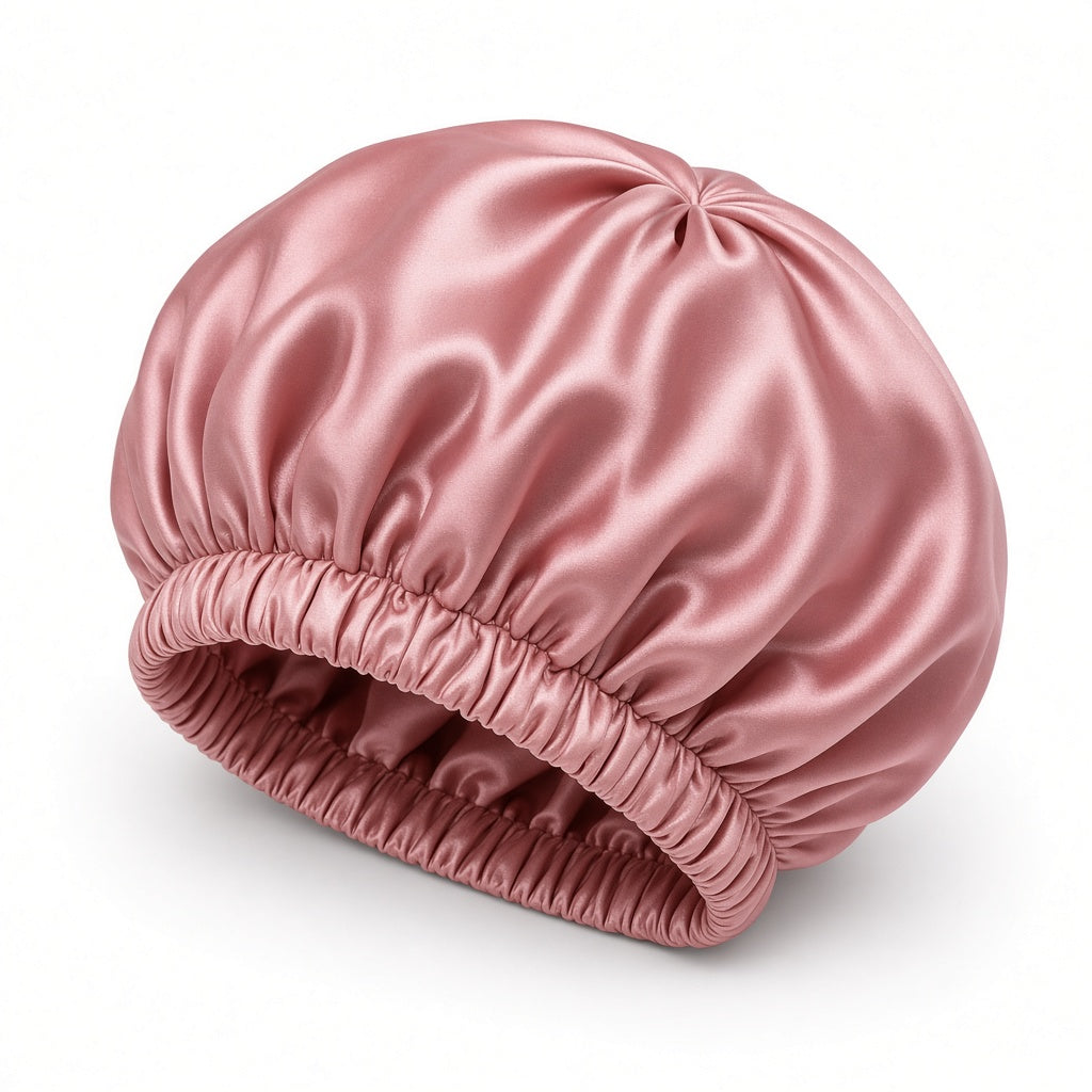 Dusty rose satin sleep bonnet with an elastic band